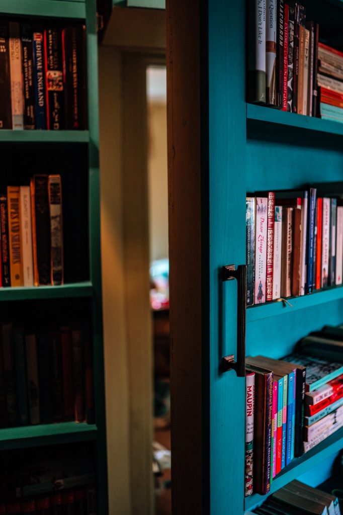 Hidden door of book case in a warm and sophisticated snug