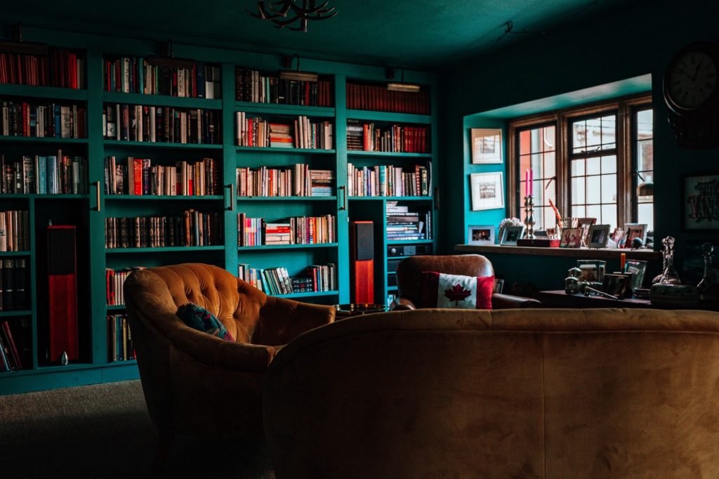 Warm and sophisticated snug showing full length of book case wall