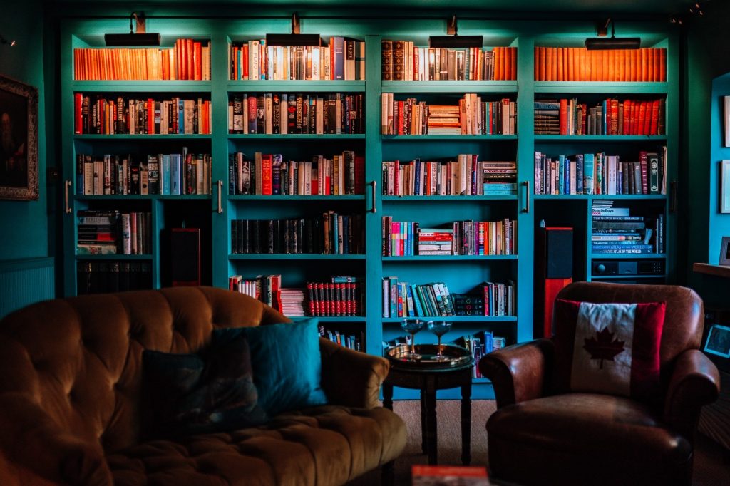 Warm and sophisticated snug focus on bookcase