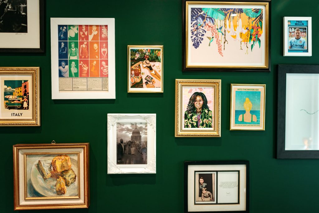 Glamorous downstairs loo focus gallery wall