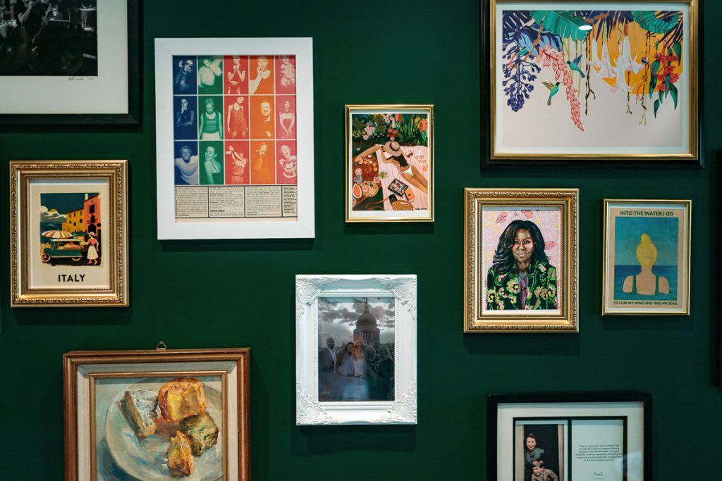 Glamorous downstairs loo focus gallery wall